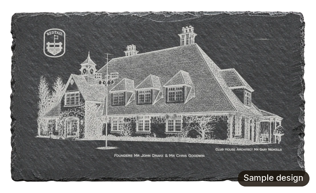 Sample design: the same clubhouse portrait artwork on natural slate.