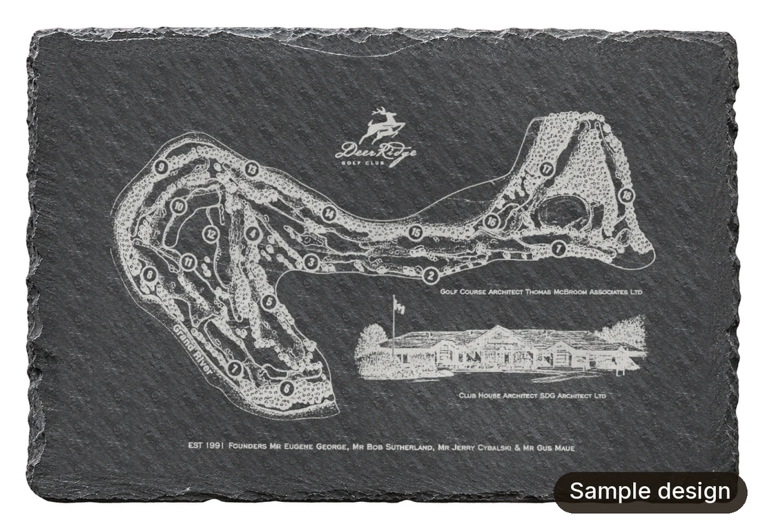 Sample design: the same Deer Ridge course layout artwork on natural slate.
