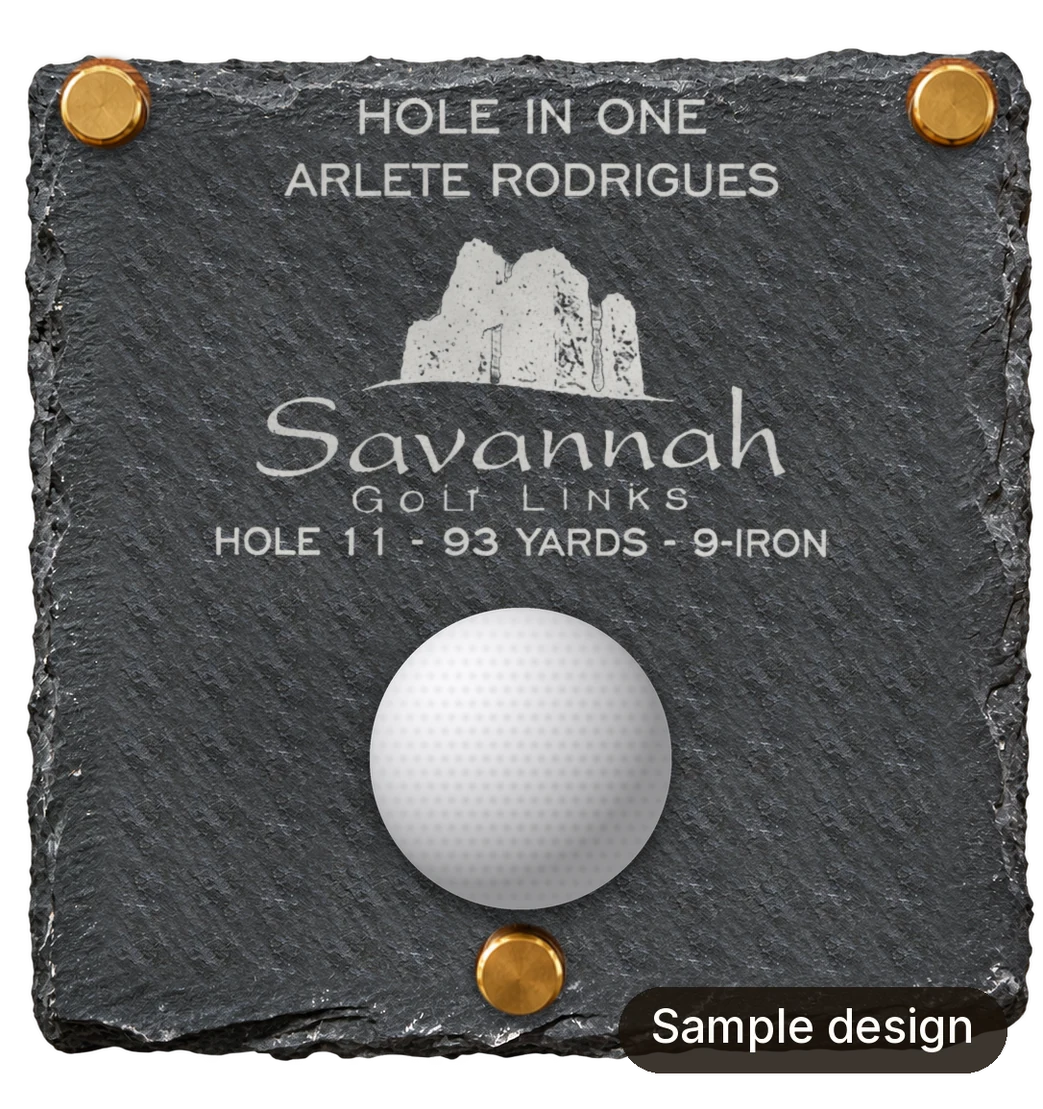 Sample design: the same hole in one ball holder artwork on natural slate.