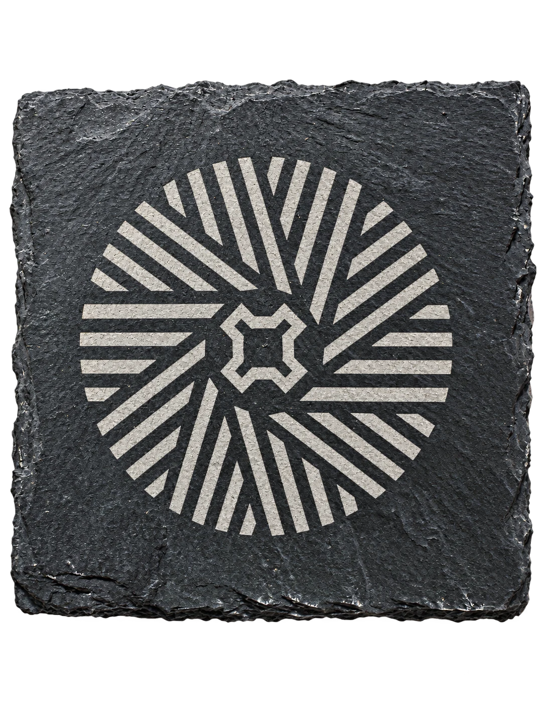 Square natural slate coaster etched with the Elora Mill circular logo of radiating stripes.