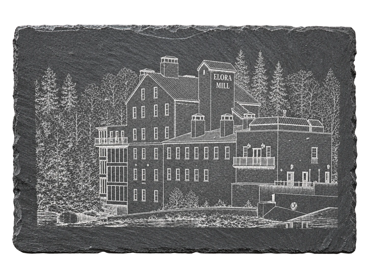 Rectangular natural slate plaque etched with a detailed scene of Elora Mill and surrounding trees.