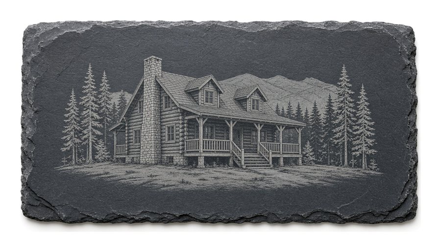 Sample design: fictitious log lodge among pines with faint mountains behind, etched on a wide natural slate plaque.