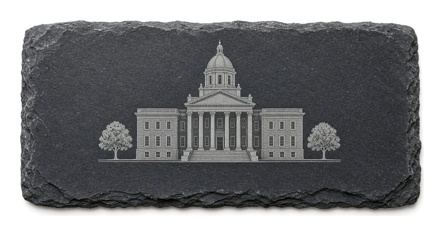 Sample design: fictitious domed town hall with a columned front and a tree at each side, etched on a wide natural slate plaque.