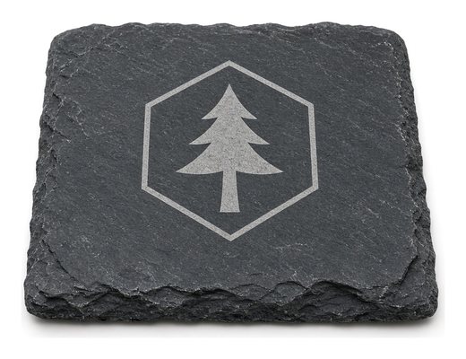 Sample design: abstract hexagon logo with a stylised pine, etched on a natural slate coaster.