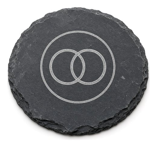 Sample design: abstract logo of two interlocking rings inside a ring, etched on a round natural slate coaster.