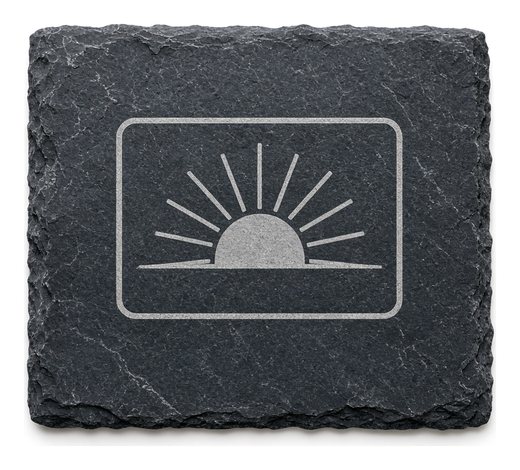 Sample design: abstract sunrise logo in a rounded rectangle, etched on a natural slate placard.
