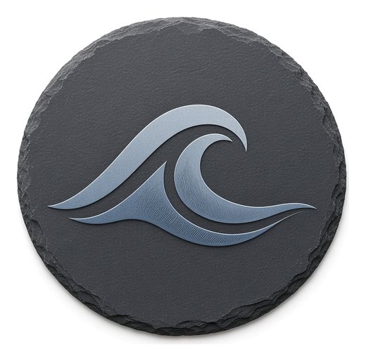 Sample design: abstract breaking wave logo in solid fill on a round natural slate coaster.